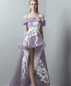 Formal Gowns Saiid Kobeisy - 3386 Off-Shoulder High Low Tulle Gown