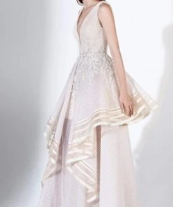 Formal Gowns Saiid Kobeisy - 3404 Plunging V-Neck Asymmetrical Hemmed A-Line Gown
