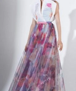 Formal Gowns Saiid Kobeisy - 3431 V-neck Multi-Colored Brocade And Tulle Dress