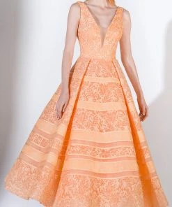 Saiid Kobeisy - 3445 Tulle And Brocade Deep V-neck A-line Dress