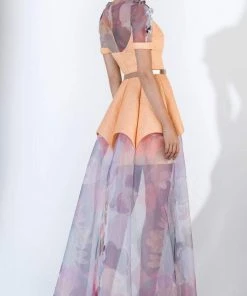 Saiid Kobeisy - 3446 Floral Applique Bubble Sleeve A-line Dress Formal Gowns