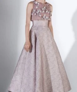 Formal Gowns Saiid Kobeisy - 3450 Floral Appliqued Crop Top Metallic Dress