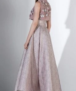 Formal Gowns Saiid Kobeisy - 3450 Floral Appliqued Crop Top Metallic Dress