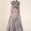 Saiid Kobeisy - RE3551 Metallic Beaded Cap Sleeve Floral A-Line Gown Formal Gowns