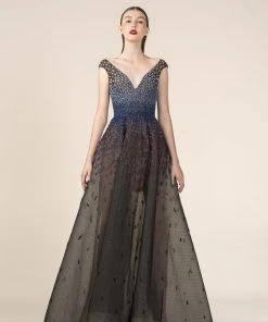 Saiid Kobeisy - RE3571 Embellished Plunging V-neck A-line Dress Formal Gowns