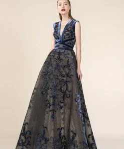 Formal Gowns Saiid Kobeisy - RE3573 Embroidered Illusion Plunging A-Line Gown