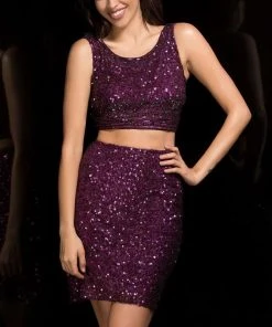 Scala - 25417 Striking Sequined Two-Piece Short Dress