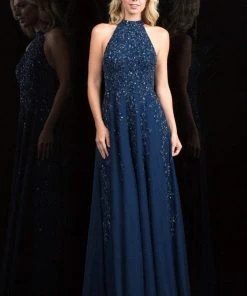 Scala - 48858 Exquisitely Beaded Halter Style A-Line Dress Formal Gowns