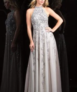 Scala - 48858 Exquisitely Beaded Halter Style A-Line Dress Formal Gowns