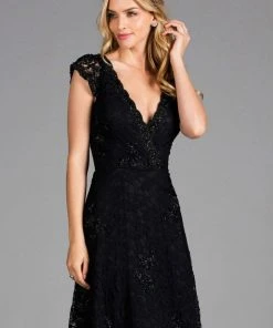 Scala - 48875 Beaded Lace V-neck A-line Dress Cocktail Dresses 8 Scala - 48875 Beaded Lace V-neck A-line Dress Cocktail Dresses
