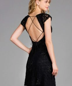 Scala - 48875 Beaded Lace V-neck A-line Dress Cocktail Dresses 9 Scala - 48875 Beaded Lace V-neck A-line Dress Cocktail Dresses