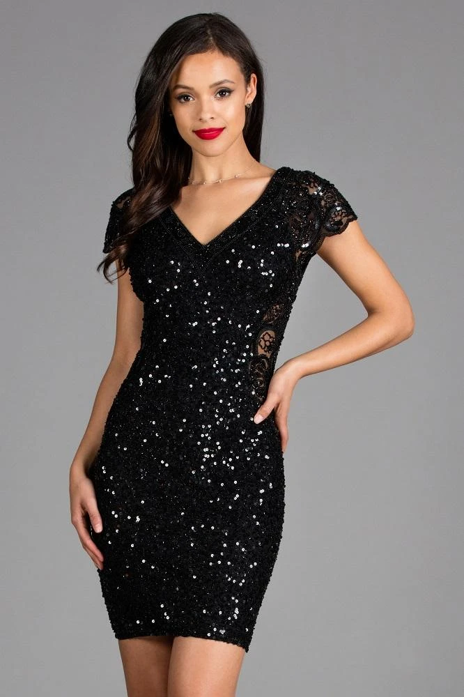 Cocktail Dresses Scala - 48889 Cap Sleeve Sequined V-neck Fitted Dress 3 Cocktail Dresses Scala - 48889 Cap Sleeve Sequined V-neck Fitted Dress