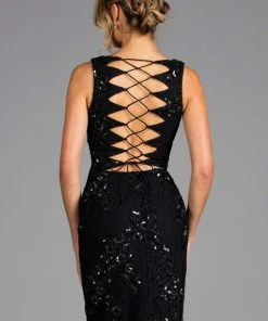 Scala - Lace Up Back Beaded Short Dress 48922 - 1 Pc Black In Size 2 Available