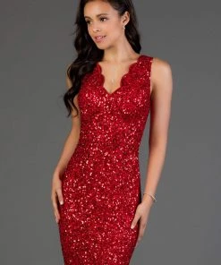 Cocktail Dresses Scala - Scalloped Lace Up Sequined Dress 60040 - 2 Pcs Red In Size 4 Available
