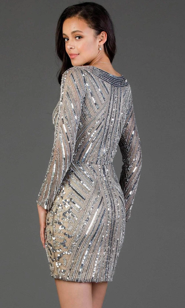 SCALA - Sequined Long Sleeve V-neck Sheath Dress 60056 - 1 Pc Lead/Sil In Size 12 Available Cocktail Dresses 4 SCALA - Sequined Long Sleeve V-neck Sheath Dress 60056 - 1 Pc Lead/Sil In Size 12 Available Cocktail Dresses