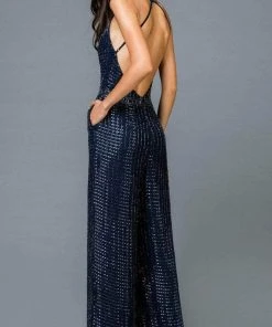 SCALA - V-Neck Lattice Jumpsuit 48941 - 1 Pc Midnight Blue In Size 2 Available