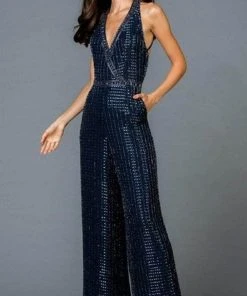 SCALA - V-Neck Lattice Jumpsuit 48941 - 1 Pc Midnight Blue In Size 2 Available