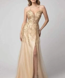 Shail K - Trailing Beaded Applique Lace Up Dress 936