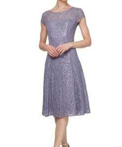 SLNY - 9119129 Embroidered Scoop Neck Tea Length Dress - 1 Pc Mystic Heather In Size 12 Available