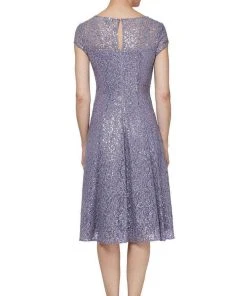 SLNY - 9119129 Embroidered Scoop Neck Tea Length Dress - 1 Pc Mystic Heather In Size 12 Available