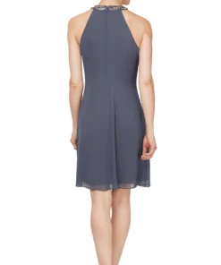 SLNY - Bead-Braided Halter Chiffon Dress 411105