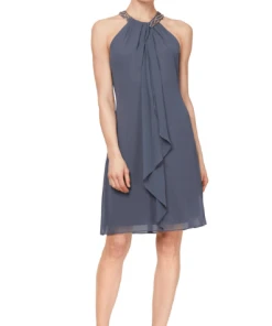 SLNY - Bead-Braided Halter Chiffon Dress 411105