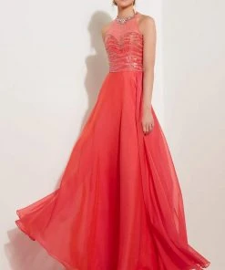 Formal Gowns Studio 17 - 12597 Bejeweled High Halter Neck Two Tone Chiffon A-line Dress