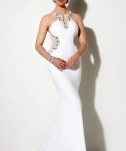 Studio 17 - 12624 Bejeweled Halter Neckline With Sheer Cutouts Trumpet Dress Formal Gowns