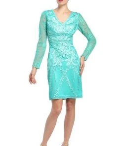 Sue Wong - Floral Embroidered Long Sleeve V-Neck Dress N4516