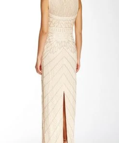 Sue Wong Illusion High Neck Beaded Chevron Gown Formal Gowns