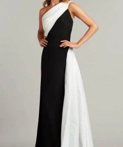 Tadashi Shoji - ALG19908L Asymmetrical Neck Pleated Long Gown - 1 Pc Black/White In Size 8 Available