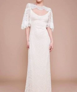 Tadashi Shoji - Atwood Lace Gown With Capelet BKV19771LBR - 1 Pc Ivory/Petal In Size 16 Available Formal Gowns