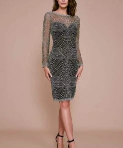 Cocktail Dresses Tadashi Shoji - BLS19873MX Nolana Long-Sleeve Embroidered Tulle Dress - 1 Pc Silver/Black In Size 16 Available