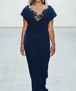 Tadashi Shoji - BOS20449L Illusion Neck Wrap Collar Long Sheath Dress - 3 Pc Navy In Size 4 And 6 Available Formal Gowns