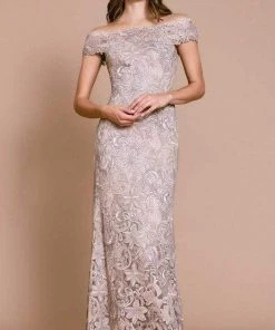 Tadashi Shoji - Embroidered Off Shoulder Markle Gown - 1 Pc Latte In Size 8 Available
