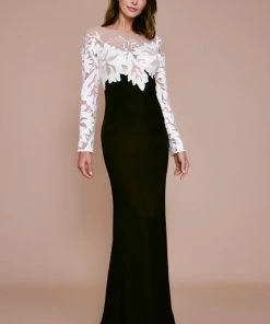Formal Gowns Tadashi Shoji - Long Sleeve Embroidered Sheath Dress - 1 Pc Black/Nude In Size 8 Available