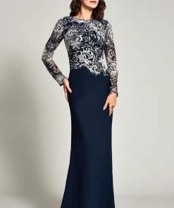 Tadashi Shoji - Long Sleeve Embroidered Sheath Dress BOQ16206LXY - 2 Pcs Navy/White In Size 10 And 18 Available