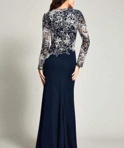 Tadashi Shoji - Long Sleeve Embroidered Sheath Dress BOQ16206LXY - 2 Pcs Navy/White In Size 10 And 18 Available