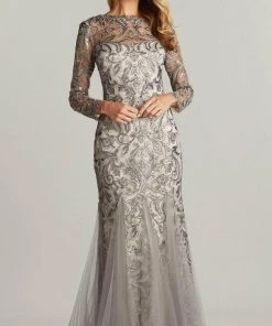 Tadashi Shoji - Long Sleeve Sequin Formal Gown BTN22102L - 1 Pc Steel In Size 6 Available Formal Gowns
