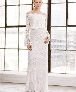 Formal Gowns Tadashi Shoji - Off Shoulder Bell Sleeves Evening Dress - 1 Pc Ivory In Size 2 Available