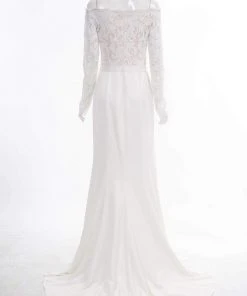 Tadashi Shoji - Scalloped Embroidered Lace Bodice Off Shoulder Gown - 1 Pc Ivory/Petal In Size 4 Available