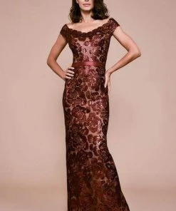 Formal Gowns Tadashi Shoji - Scalloped Off Shoulder Long Sequined Sheath Gown - 1 Pc Raisin/Nude In Size 16 Available