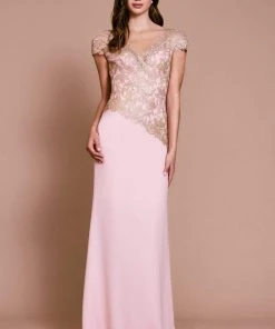 Tadashi Shoji - Short Sleeve Metallic Applique Gown - 1 Pc Petal/Gold In Size 6 Available Formal Gowns