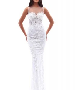 Tarik Ediz - 50214 Illusion Beaded Floral Appliqued Fitted Gown Formal Gowns