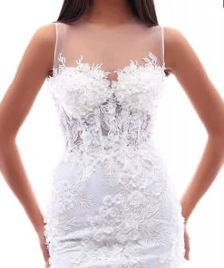 Tarik Ediz - 50214 Illusion Beaded Floral Appliqued Fitted Gown Formal Gowns