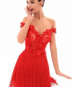Tarik Ediz - 50256 Beaded Floral Off Shoulder Fringe Dress Cocktail Dresses