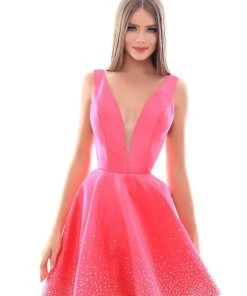 Formal Gowns Tarik Ediz - 50262 Crystal Embellished Deep V-neck Taffeta Dress