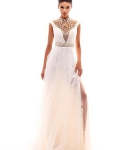 Formal Gowns Tarik Ediz - 50285 Sheer Neckline Pearl Embellished Tulle Gown