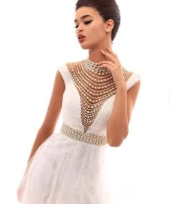 Formal Gowns Tarik Ediz - 50285 Sheer Neckline Pearl Embellished Tulle Gown