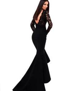 Tarik Ediz - 50303 Lacy Deep V-neck High Low Mermaid Gown Formal Gowns